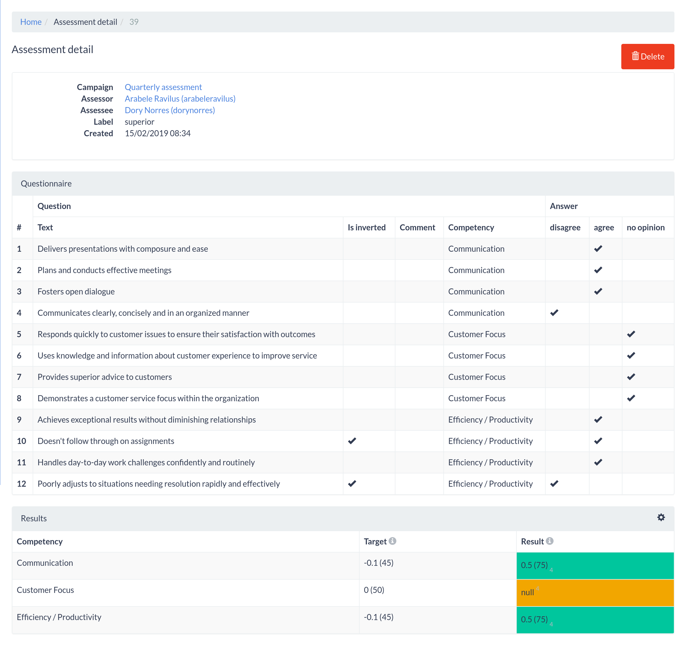 Massessor - 360 degree feedback tool - results